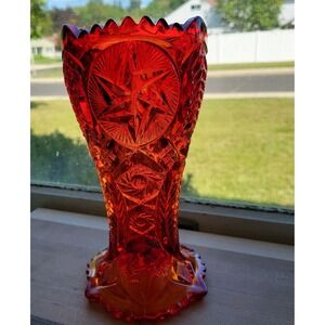 Vtg L E Smith Glass Nortec Red Amberina Ohio Star Vase Sawtooth 9" Glows